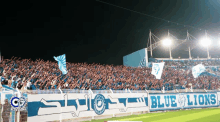 a stadium full of people with a banner that says ' blue lions ' on it