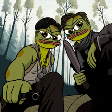 a cartoon of two green frogs holding a knife