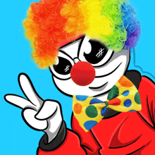 a clown wearing sunglasses and a colorful wig is giving the peace sign