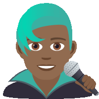 a man with blue hair is holding a microphone and smiling