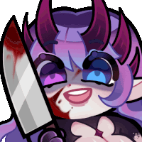 a cartoon character with purple horns is holding a bloody knife