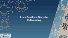 a blue background with lucy bassli 's 4 steps to outsourcing written on it