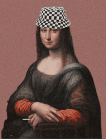 a painting of mona lisa wearing a checkered hat and smoking a cigarette