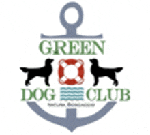 the logo for the green dog club has an anchor and two dogs on it .