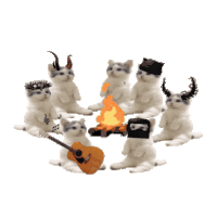 a group of cats are sitting around a campfire playing guitars