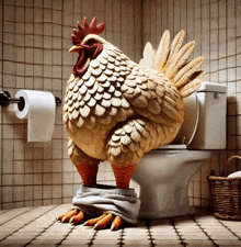 a statue of a rooster standing on a toilet