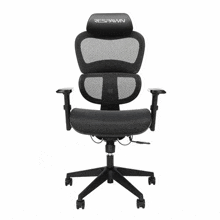 a black mesh office chair with a headrest and armrests on a white background .