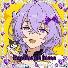 a picture of a girl with purple hair and the name fuyumi de lucas on the bottom