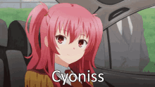 a pink haired anime girl with the word cyoniss written on her face