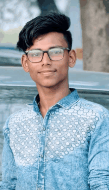 a young man wearing glasses and a blue shirt poses for a picture