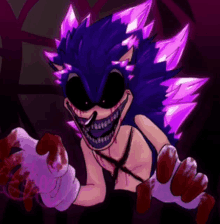 a drawing of a sonic the hedgehog with purple spikes and bloody hands