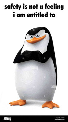 a penguin from the movie madagascar is standing with his arms crossed .