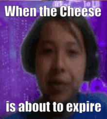 a woman is wearing headphones and a purple background with the words when the cheese is about to expire .