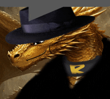 a golden dragon wearing a black hat and a black shirt with the letter r on it