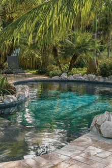 a large swimming pool is surrounded by palm trees and rocks