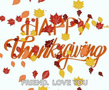 a happy thanksgiving greeting card with leaves and the words " friend love you "