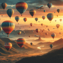 a painting of hot air balloons flying over a mountain range