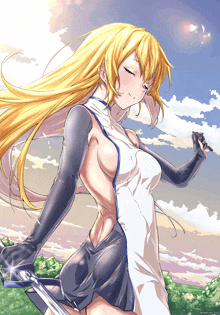 a drawing of a blonde anime girl with a sword