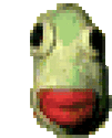 a pixel art drawing of a green and red object with a face on it .