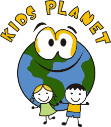 a kids planet logo with a cartoon globe and two children