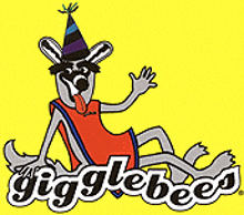 a cartoon drawing of a raccoon wearing a party hat and the word giggles on a yellow background