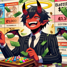 a cartoon of a devil surrounded by money with a sign that says $ 1,000