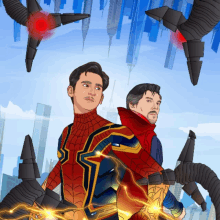 a drawing of spider man and doctor strange with a city in the background