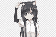 a girl with long black hair and cat ears is wearing a white shirt .