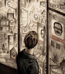 a drawing of a man looking out a window with a sign that says big brother is watching you on it