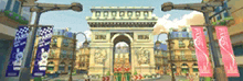 a cartoon illustration of a city with a triumphal arch in the background .