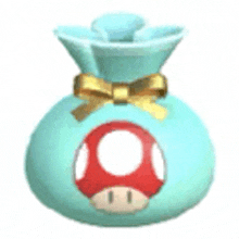 a blue bag with a red mushroom and a gold bow on it .