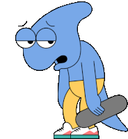 a cartoon of a dinosaur holding a skateboard with a sad look on his face