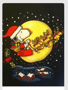 a cartoon of snoopy in a santa hat and sleigh flying over a moon