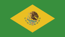 a yellow and green diamond shaped flag with a mexican eagle on it