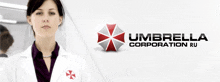 a woman in a lab coat with an umbrella corporation logo