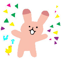 a drawing of a pink bunny with a yellow chick and music notes