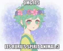 a drawing of a girl with a flower crown on her head with the caption omg its its ruru 's spirit animal 3