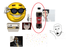 a yellow smiley face with sunglasses and a bottle of dr pepper in the middle