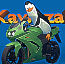 a penguin is riding a green motorcycle in front of a kawasaki sign