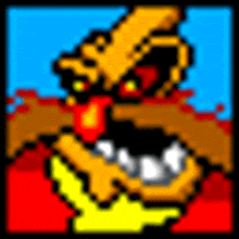 a pixel art drawing of a cartoon character with a huge mouth and tongue sticking out .