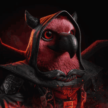 a red bird with horns is wearing a black hooded cloak