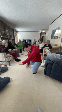 a group of people are sitting in a living room and one of them is on the floor