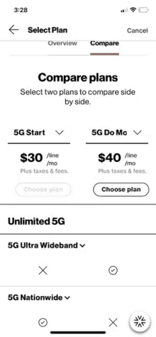 a screenshot of a cell phone app that allows you to compare two plans to compare side by side .