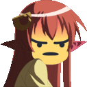 a cartoon girl with red hair and ears is making an angry face