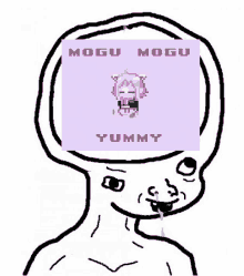 a cartoon of a person with a picture of a girl on their head that says yummy .