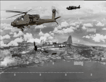 a black and white photo of a helicopter and two planes with the word alamy on the bottom right