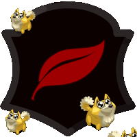 a black shield with a red leaf on it and a bunch of cartoon dogs