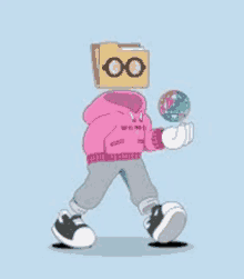 a cartoon character with a folder on his head is holding a ball .