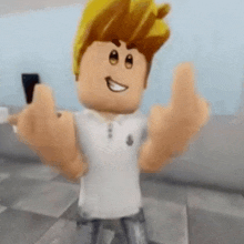 a roblox character is giving the middle finger while standing in a room .