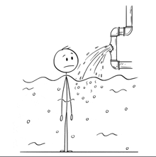 a black and white drawing of a stick figure standing under a pipe with water pouring out of it